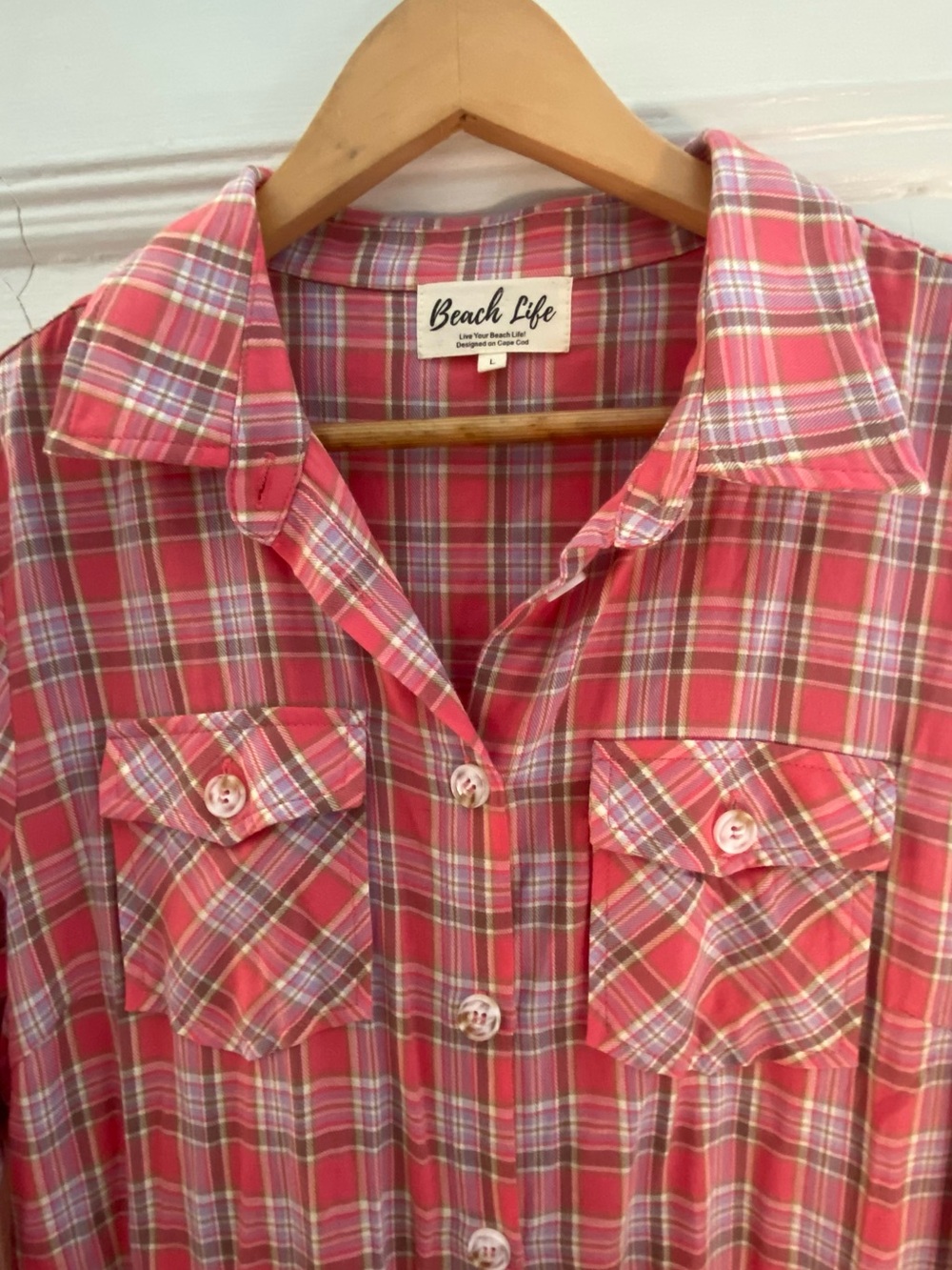 Women’s Pink Plaid Button-Front Shacket Midi Duster - Picture 2 of 7